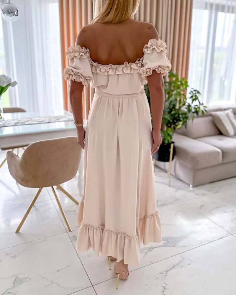 One shoulder puff sleeve solid color dress