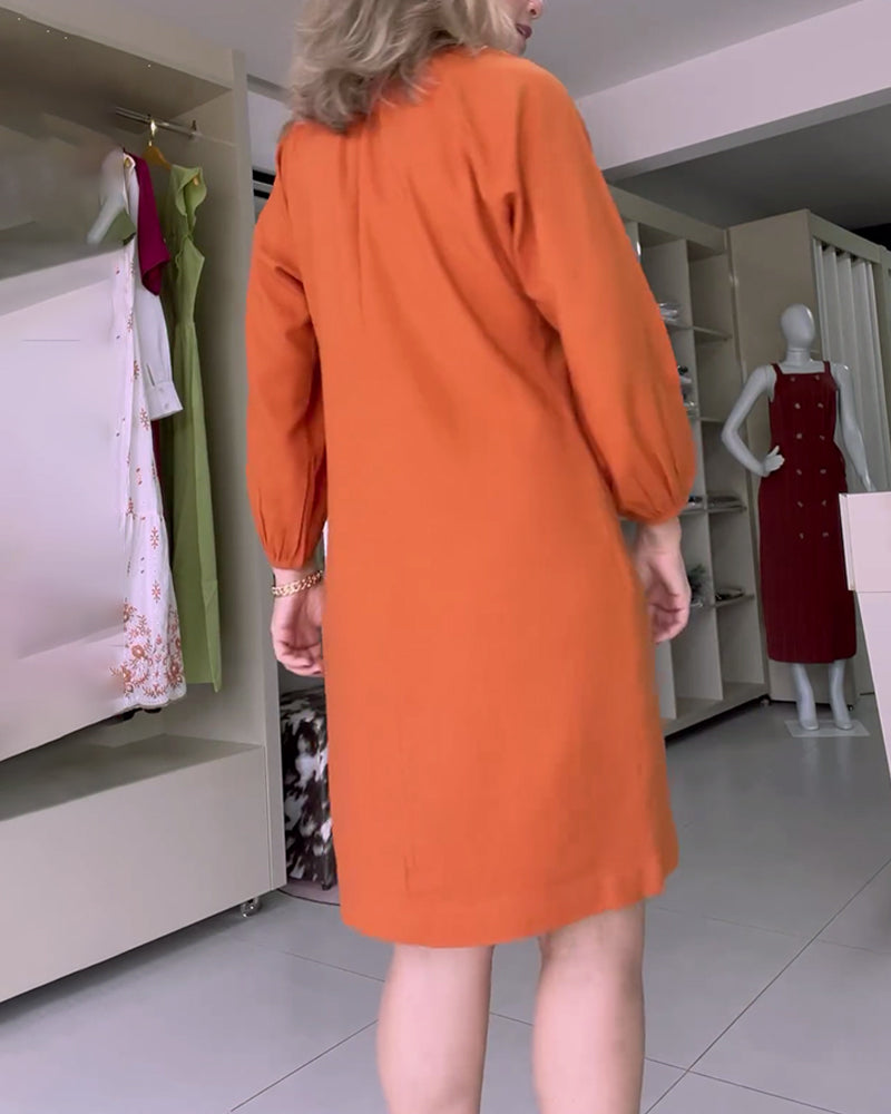 Casual solid color V-neck buttoned lantern sleeve dress
