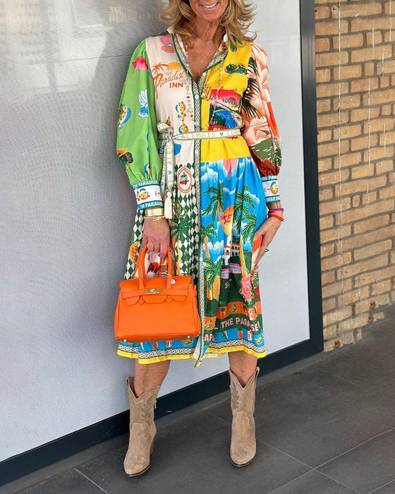 Colorful printed lapel long-sleeved dress