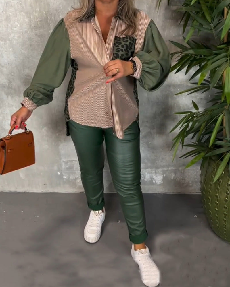 Lapel lantern sleeve leopard print shirt