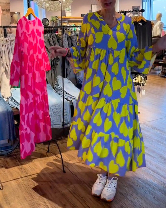 V-neck heart pattern print dress