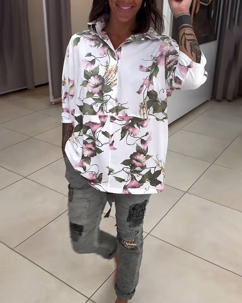 Elegant lapel blouse with floral print
