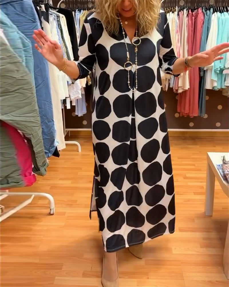 V-neck large polka dot slit long dress