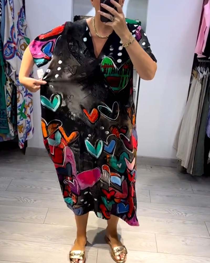 V-neck printed love casual dress