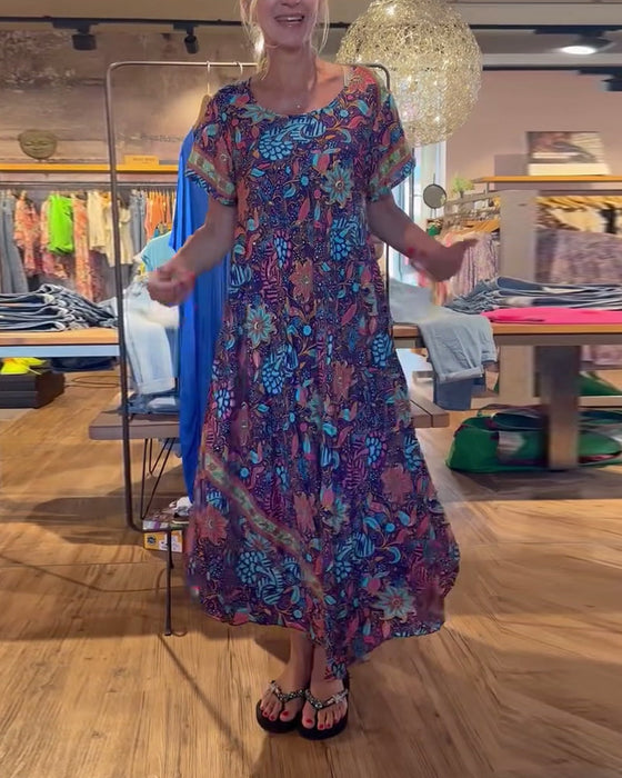 Printed short sleeve round neck long dress
