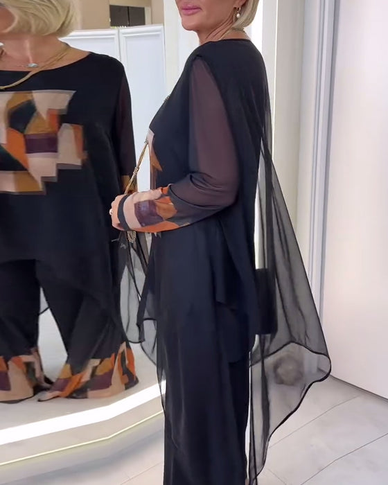 Temperament Long-Sleeved Printed Wide-Leg Suit