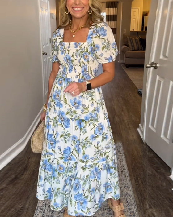 Square Neck Pleated Floral A-Line Dress