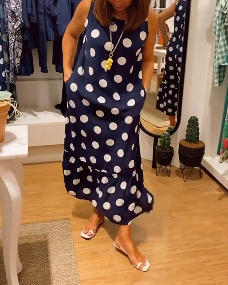 Sleeveless polka-dot pocket dress