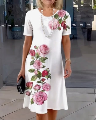 Short Sleeve Rose Print Shift Dress