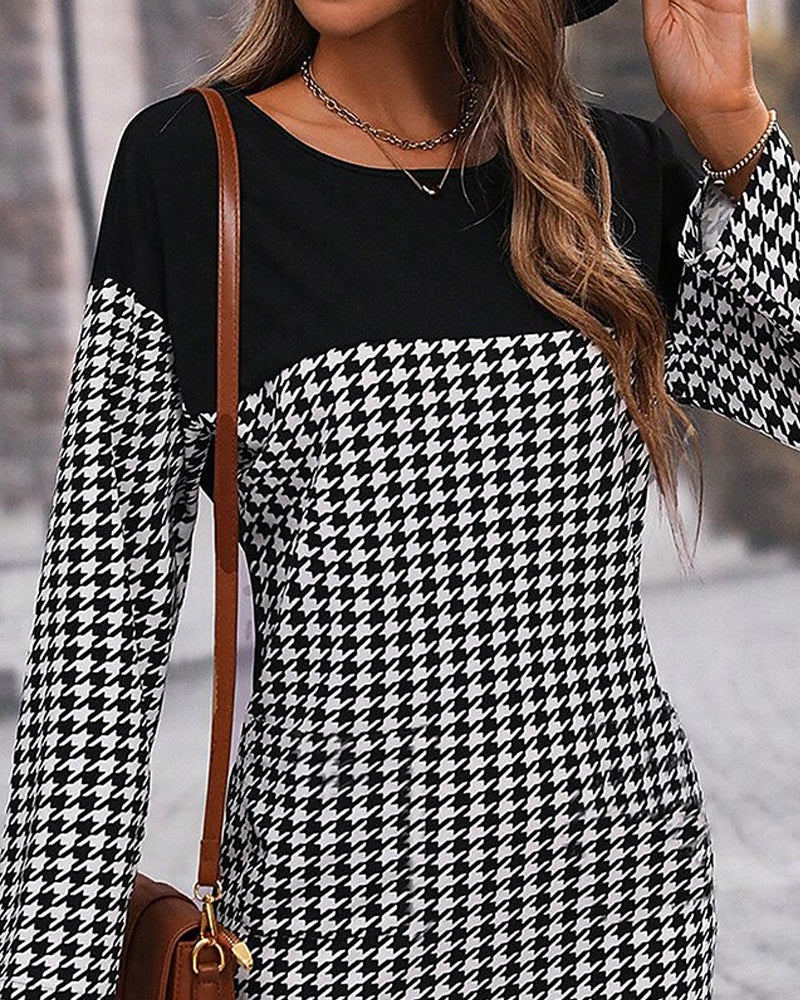 Elegant patchwork houndstooth dress