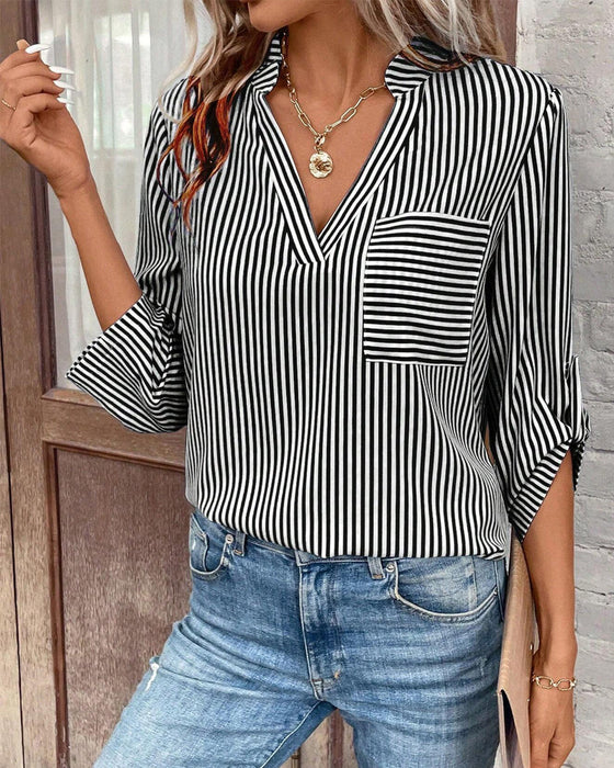 V-neck striped print casual blouse