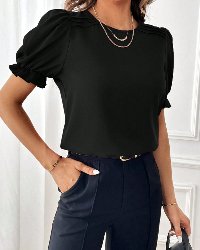 Solid Color Crew Neck Blouse