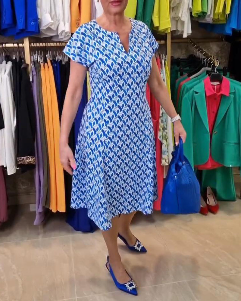 Printed V-neck short-sleeve elegant dress