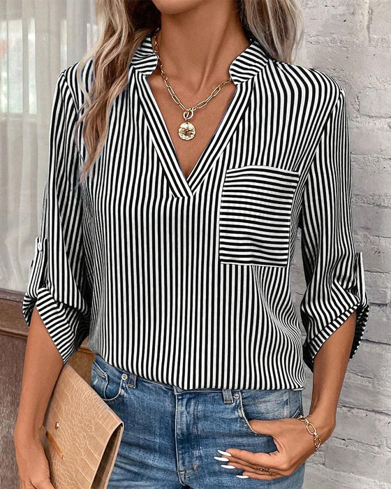 V-neck striped print casual blouse