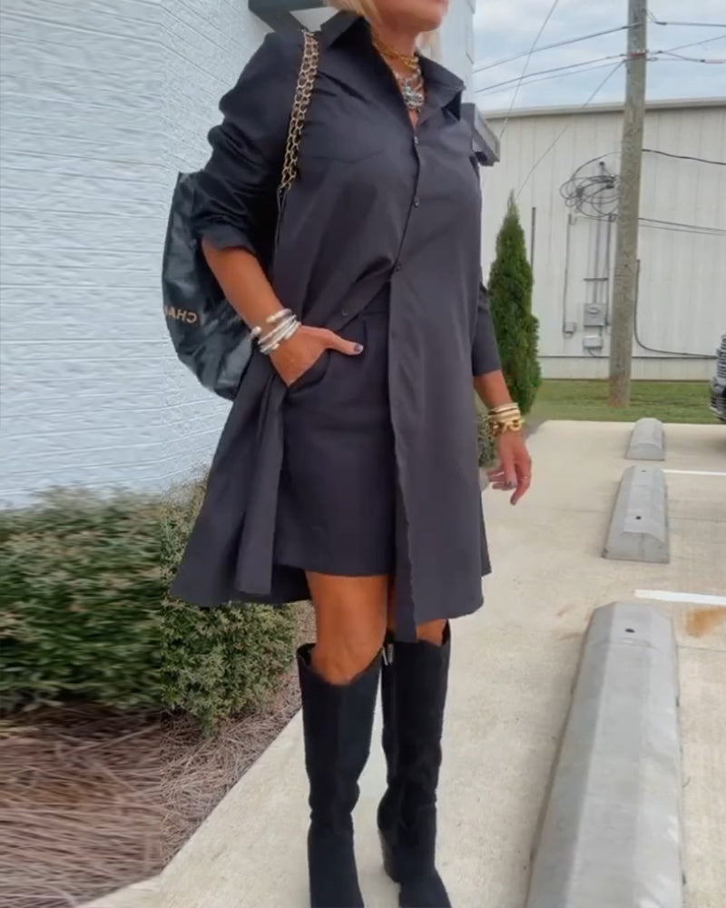 Solid color button casual shirt dress