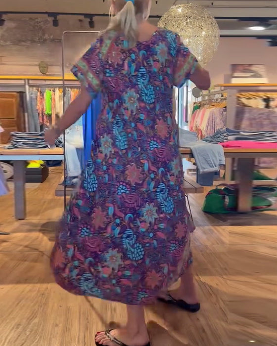 Printed short sleeve round neck long dress