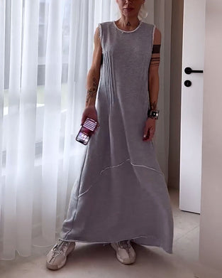 Casual solid color sleeveless patchwork long dress