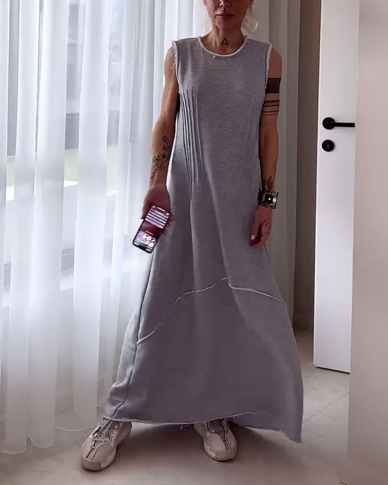 Casual solid color sleeveless patchwork long dress