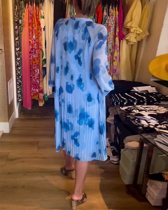 Floral print pleated long-sleeved dress