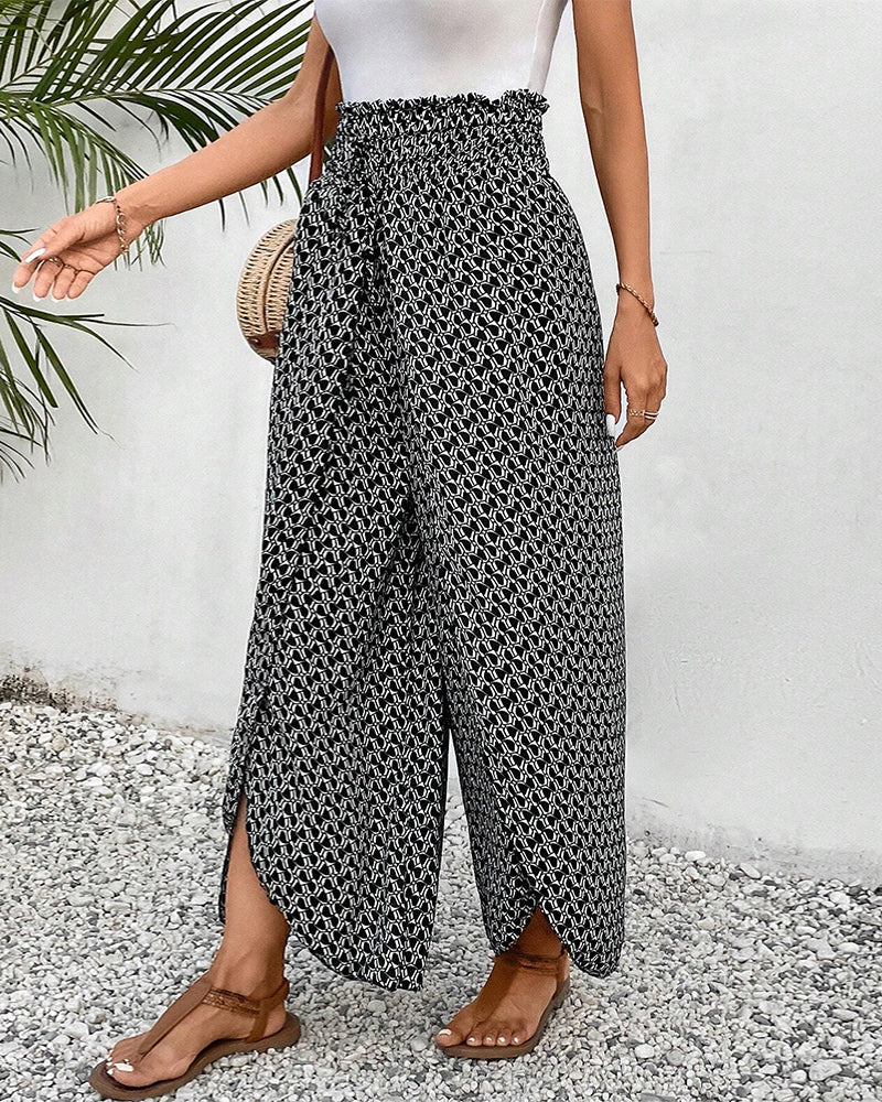 Elastic printed slit wide-leg pants