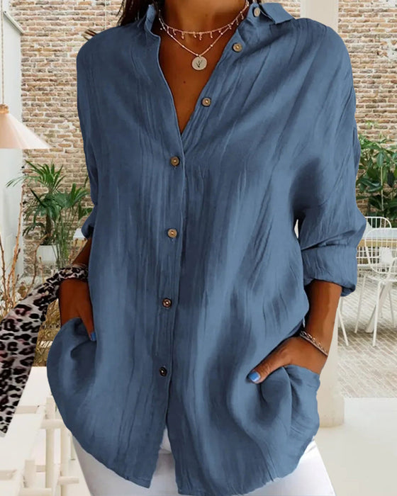 Casual solid color V-neck buttoned long-sleeve shirt