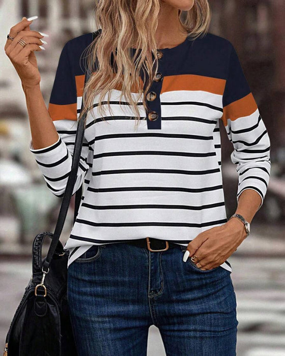 Casual Striped Print Contrast Color Half-Button Top