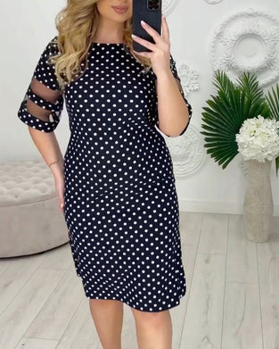 Polka dot print sheer sleeve midi dress
