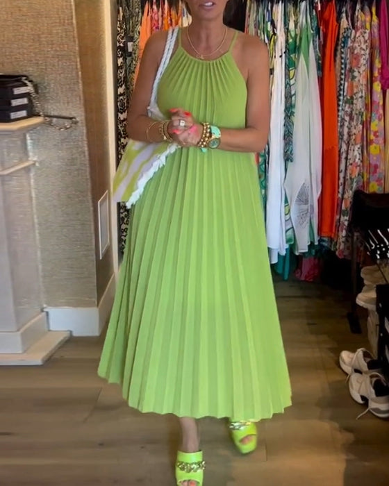 Pleated suspender solid color dress