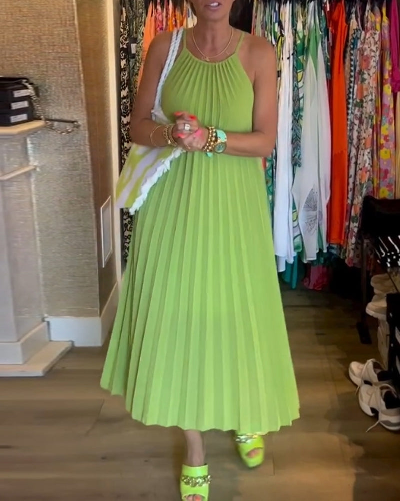 Pleated suspender solid color dress