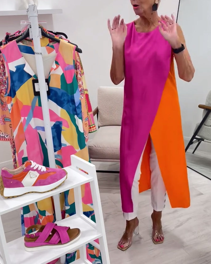 Sleeveless Contrast Color Slit Long Blouse