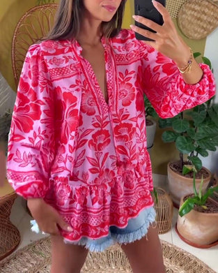 Floral print deep V blouse