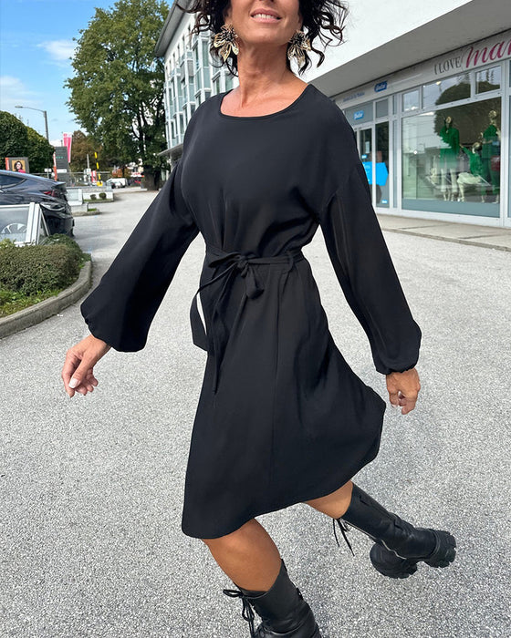 Round neck tie solid color dress