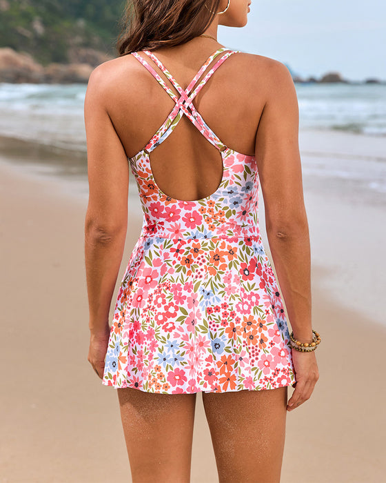 Pleated Cross One-Piece Swimdress