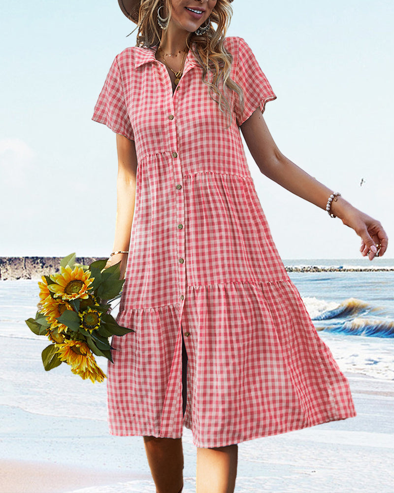 Plaid print casual shirt dress