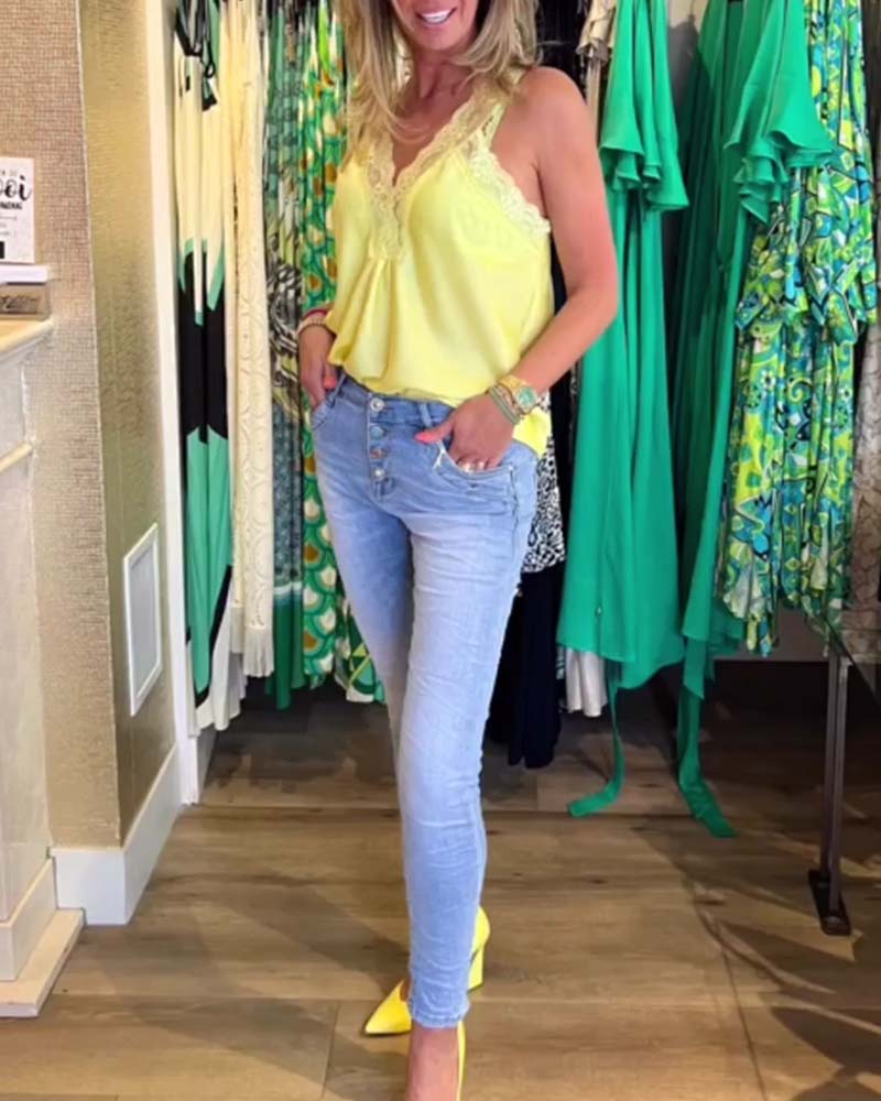 Spliced lace solid color camisole