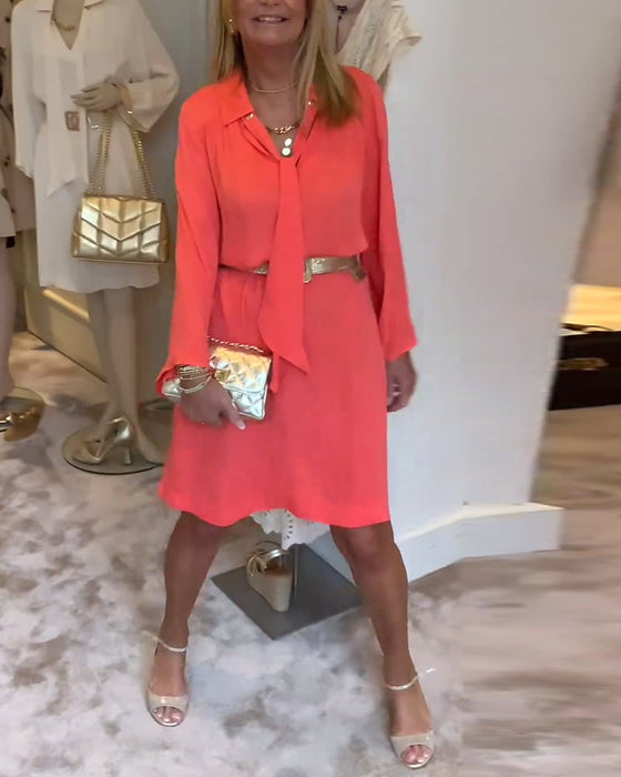 Lapel solid color ribbon dress