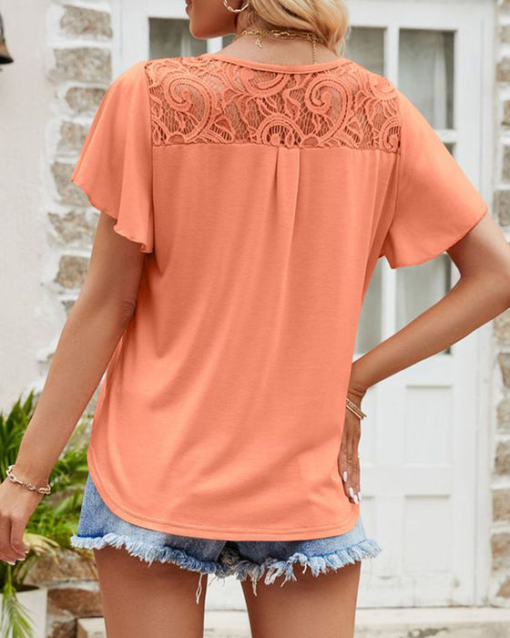 Mesh lace stitching solid color short-sleeved top