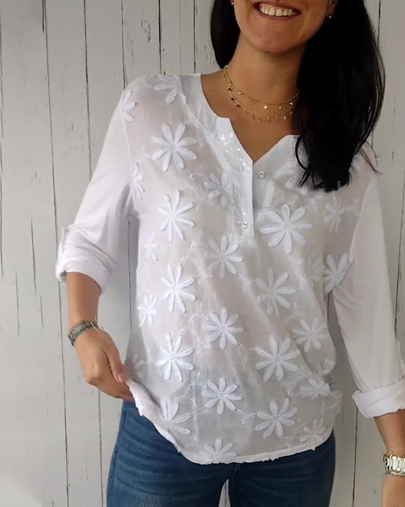 V-neck embroidered long-sleeved top