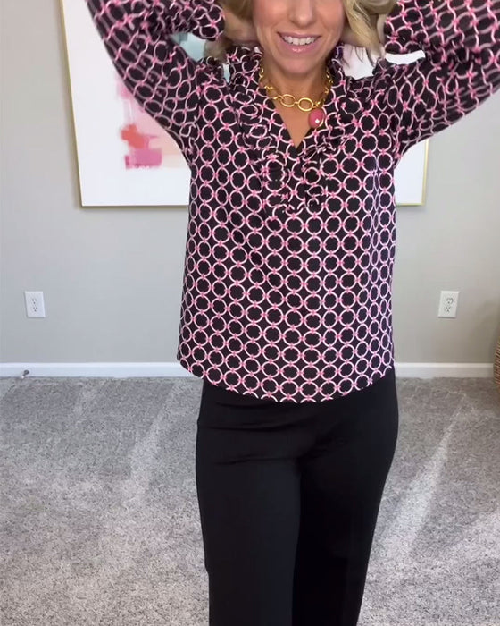 Geometric print stand collar slim fit fashion top