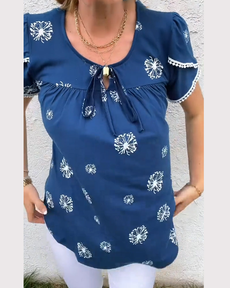Petal Sleeve Print Tie-Dye Blouse