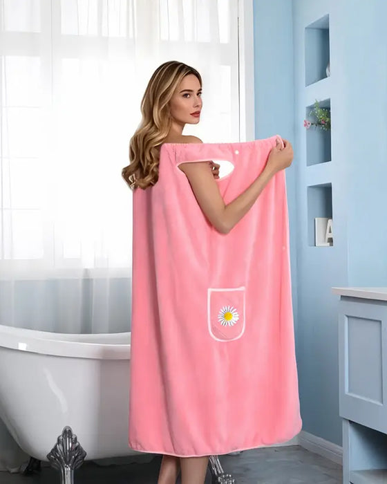 Soft Absorbent Quick-Dry Wearable Bath Towel Skirt with Floral Pattern Pocket