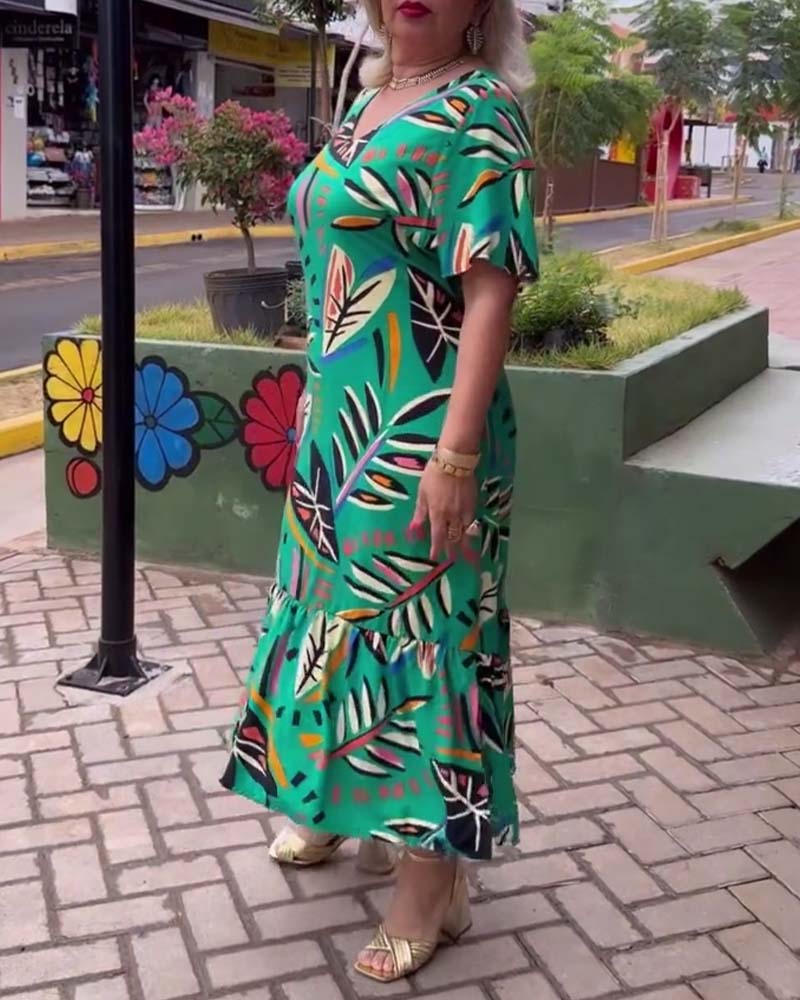 Leaf print V-neck patchwork long dress