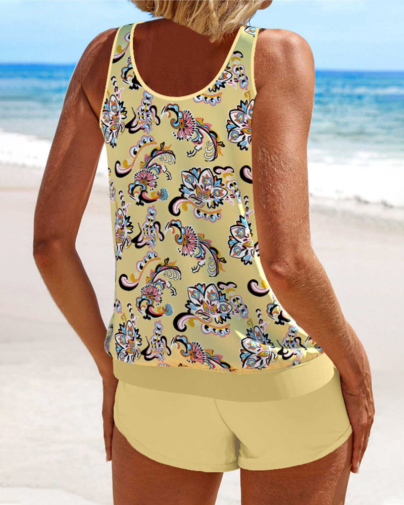 Sleeveless printed tankini swimsuit