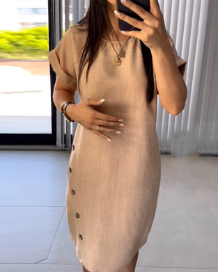 Round Neck Casual Dress with Buttons