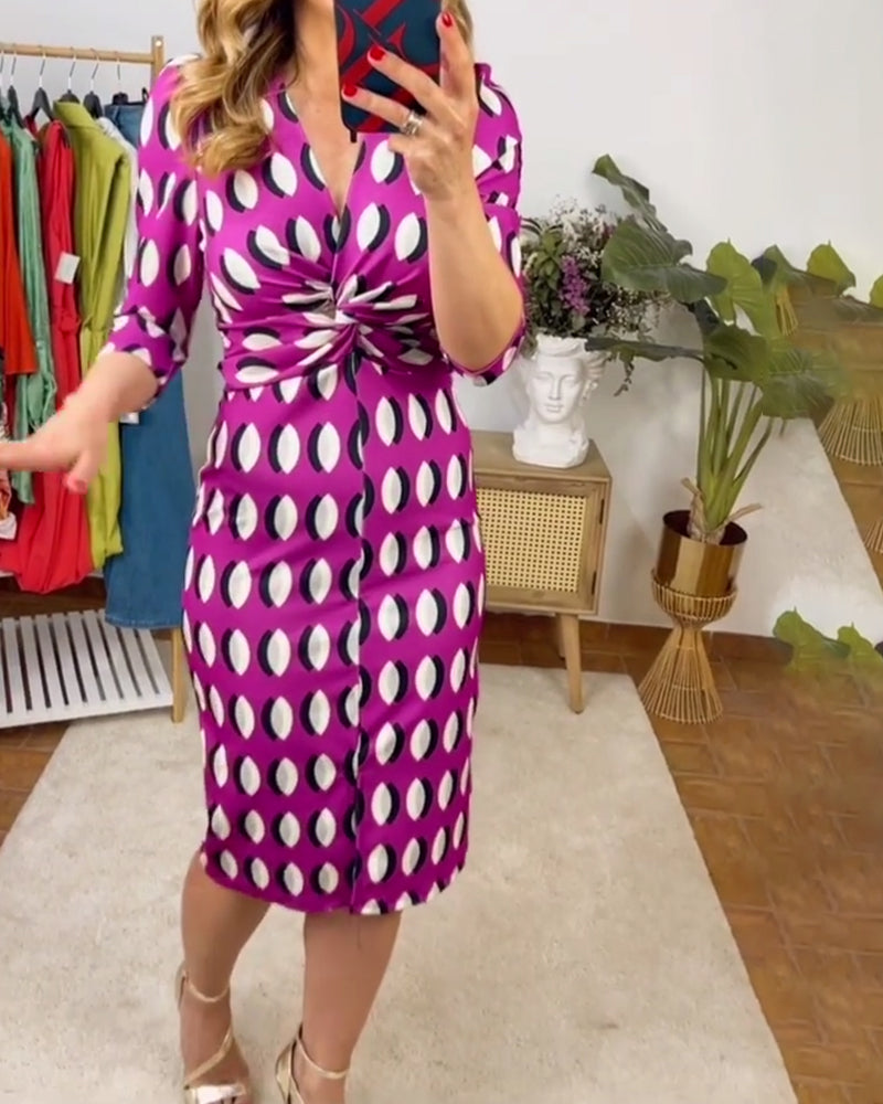 Geometric print twist V-neck dress