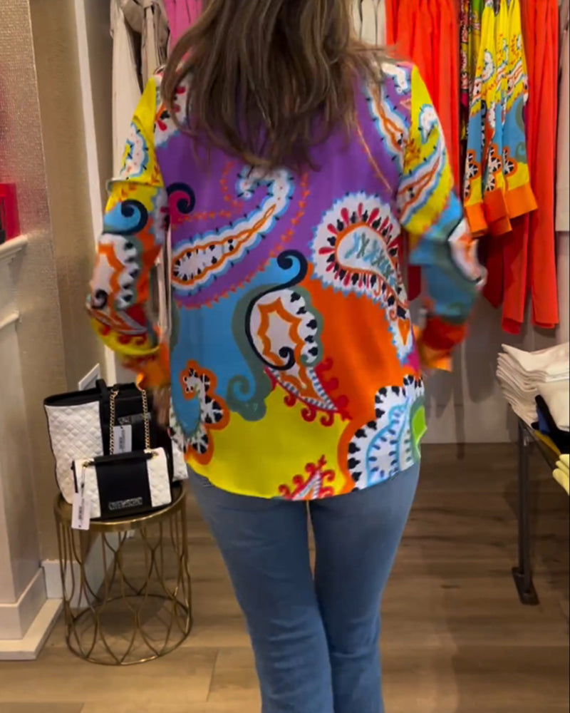 Colorful printed V-neck long-sleeve blouse