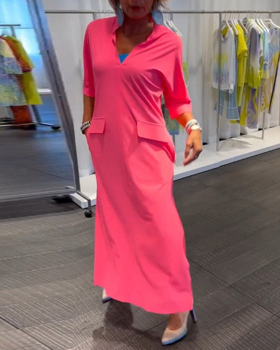 Slit V-neck solid color dress