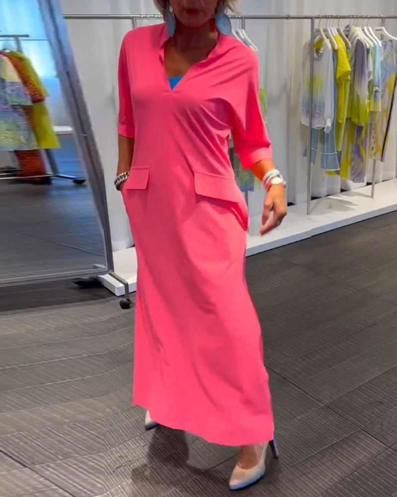 Slit V-neck solid color dress