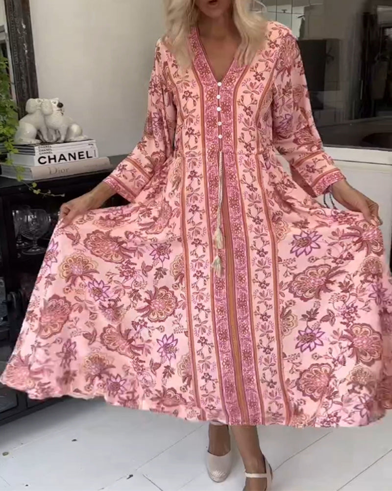 Elegant printed V-neck button drawstring dress