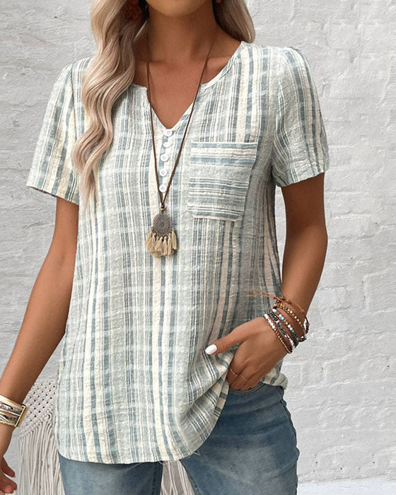 Casual V Neck Striped Plaid T-Shirt